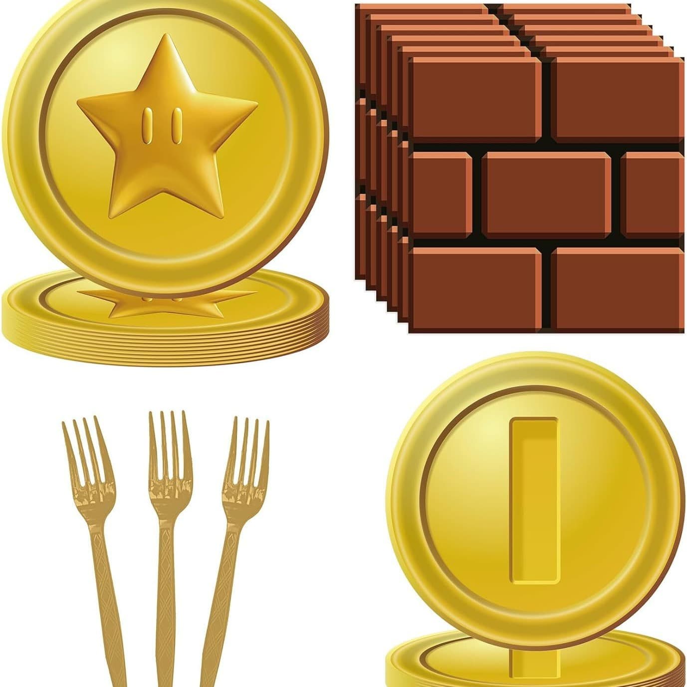 Mario Bros Party Tableware Kids Game Gold Birthday Decorations Disposable Brick Napkins Paper Plates Paper Cups