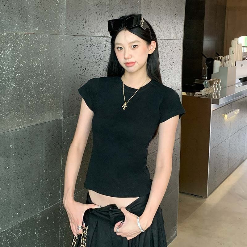 Round Neck Ribbed Cotton T-Shirt for Women Summer New Slim Fit Base Layer Versatile Slimming Short Sleeve Top