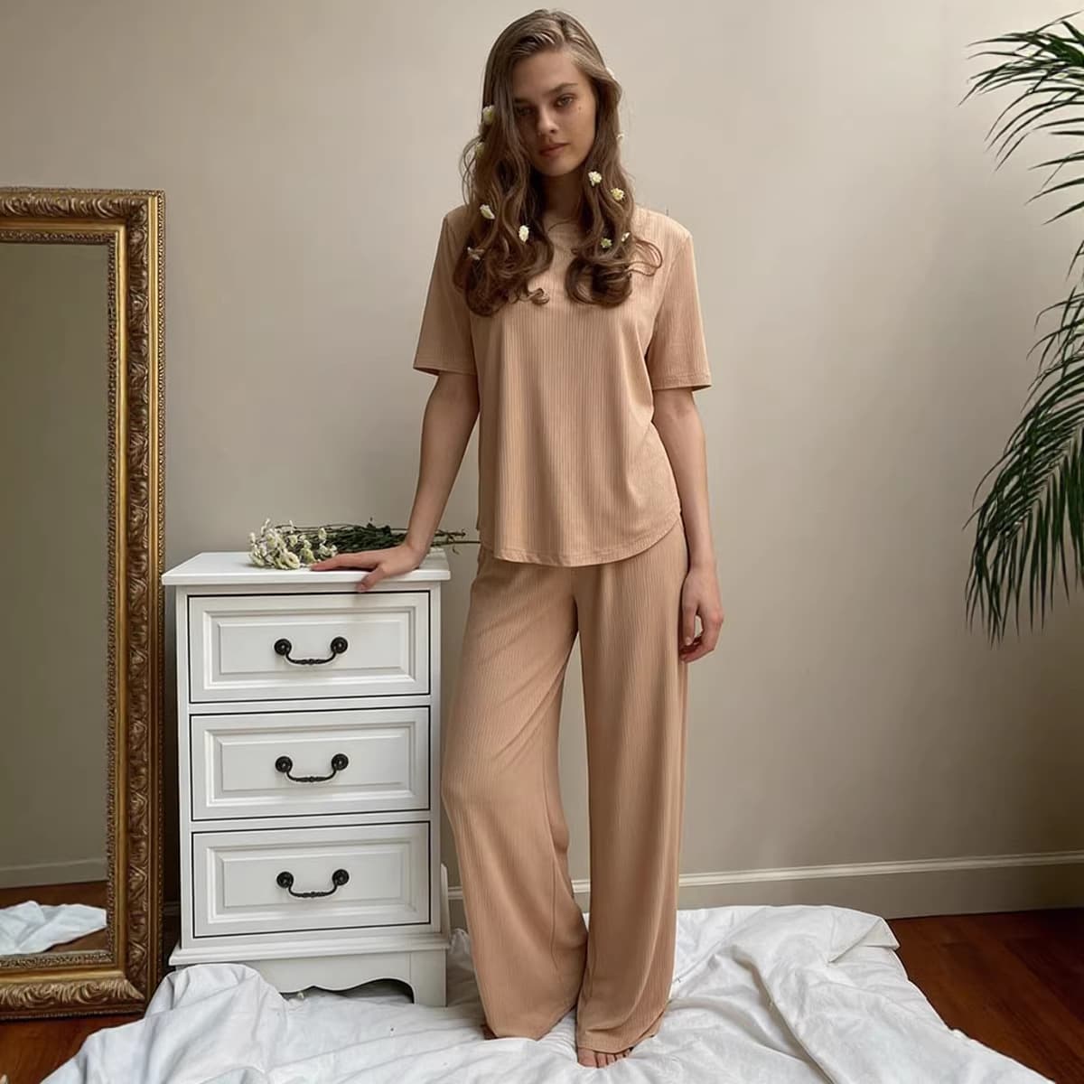 2026 Spring/Summer New Soft Modal Set for Women, European-American Style Casual Short-Sleeve Top + Wide-Leg Pants Two-Piece Set