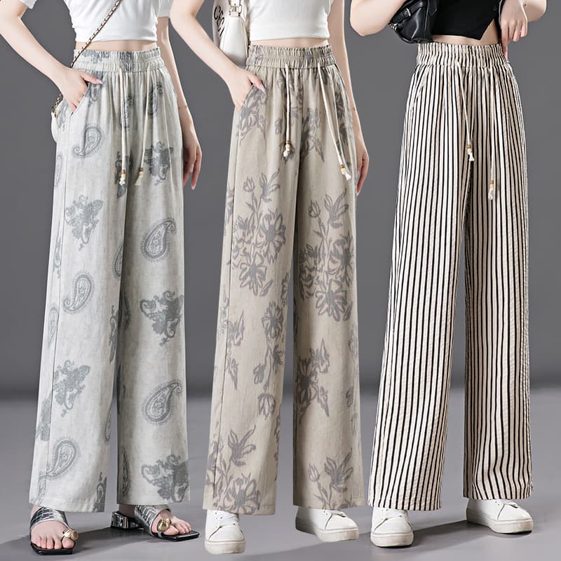 Ice silk linen drape printed wide leg pants for women 2026 summer new style high waist straight casual pants thin long pants