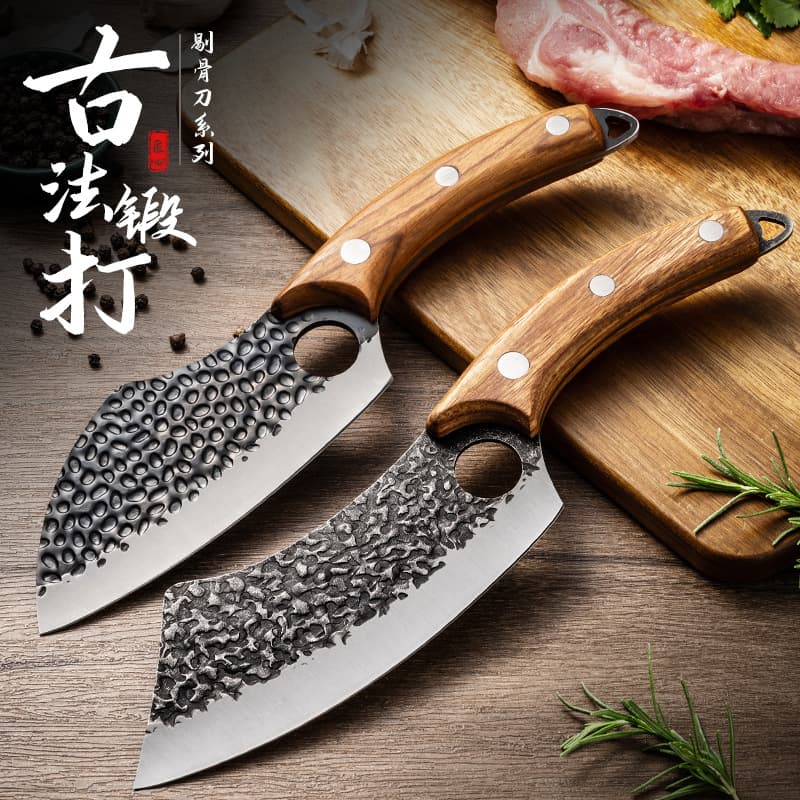 Cross-border Hot Sale Forged Ring Boning Small Curved Knife, Hammered One-Piece Handle, Sharp Camping Portable Meat Eating Small Cleaver