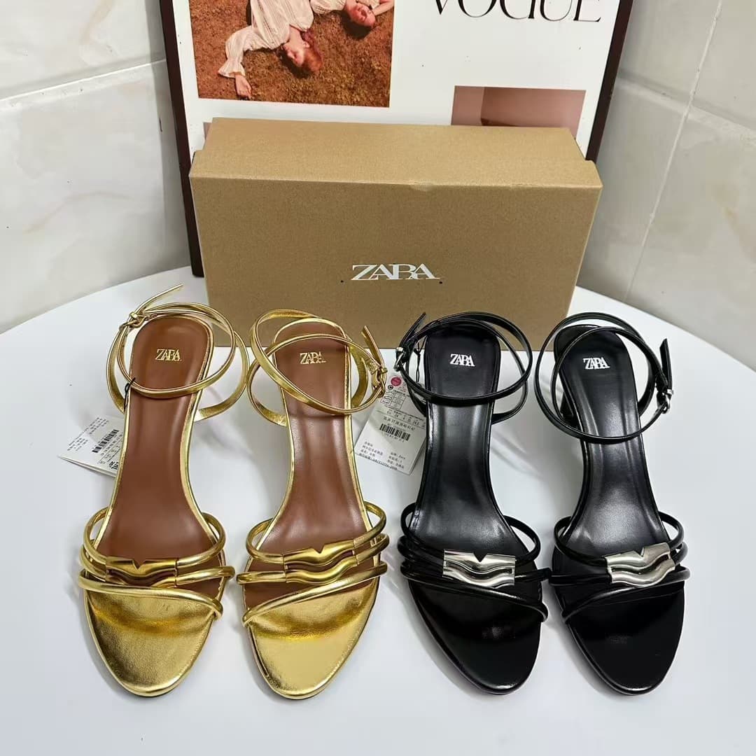 ZA Women's Shoes 2024 Summer New Arrival High Heel Open Back Toe Gold One-Strap Thin Heel Back Tie Women's Shoes