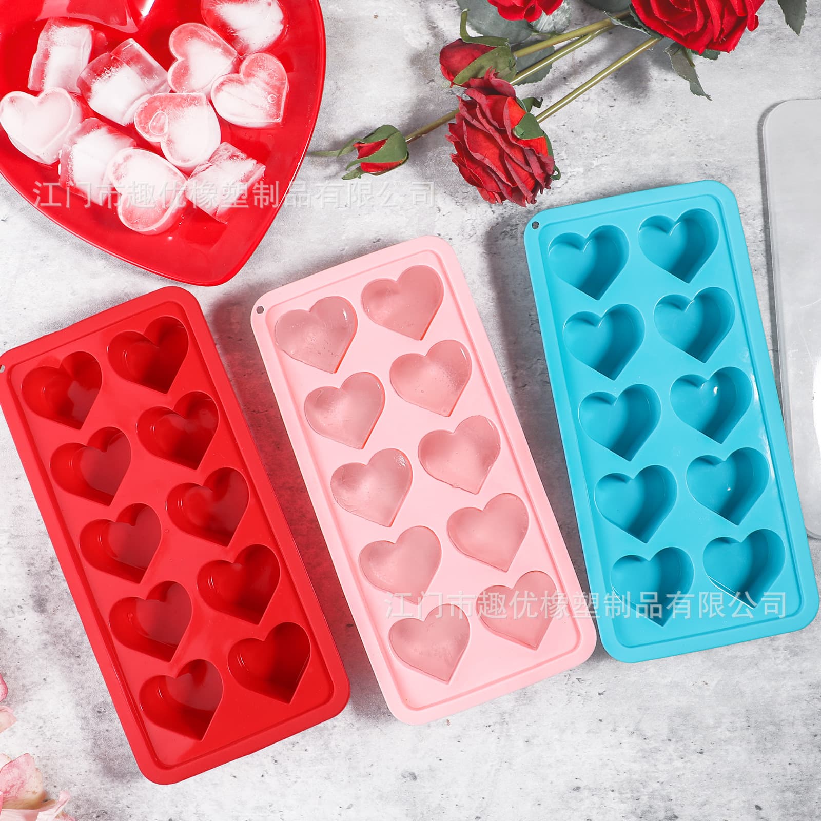 FCM Certified Heart-Shaped Silicone Ice Cube Mold, 10-Cavity Love Heart Ice Tray, Easy Release Soft Silicone