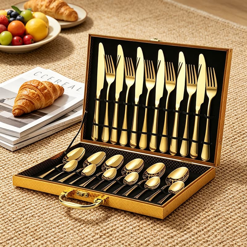 1010 series stainless steel tableware high-end new titanium plated Western steak knife, fork and spoon wooden box set gift