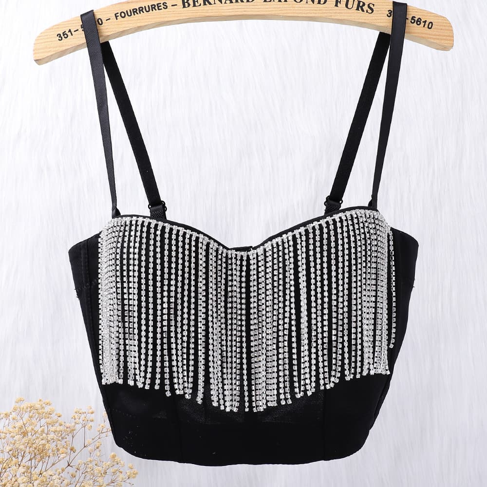 In Stock Belly Dance Fringe Rhinestone Chain Shaping Top Short Backless Camisole Stage Performance Wear Factory Wholesale
