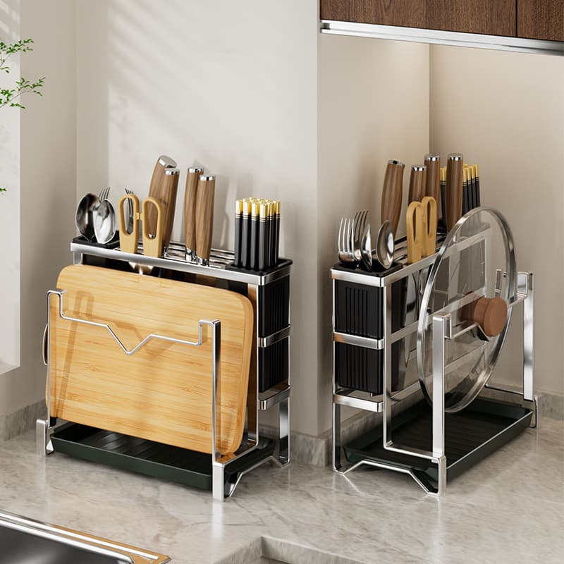 Countertop Cutting Board Rack with Knife and Chopstick Holder, Integrated Stainless Steel Kitchen Knife Storage Rack, Wall-Mounted, Wholesale