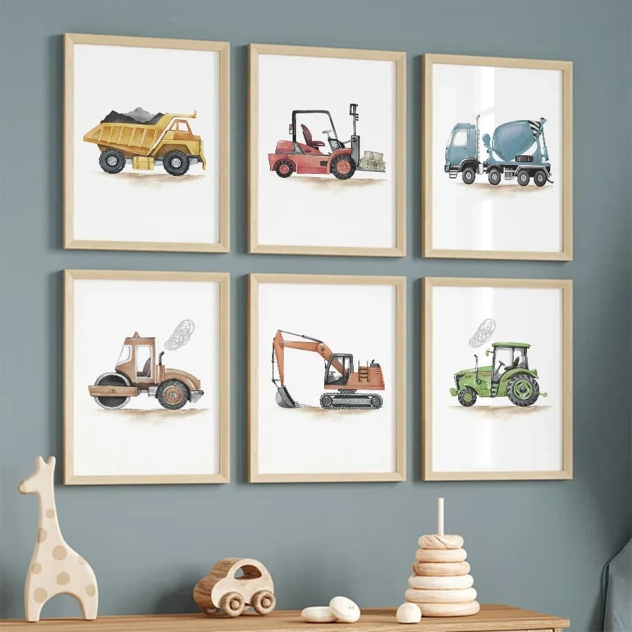 Cross-border Cartoon Car Construction Vehicle Excavator Kids Room Baby Bedroom Home Decorative Hanging Painting Poster Print