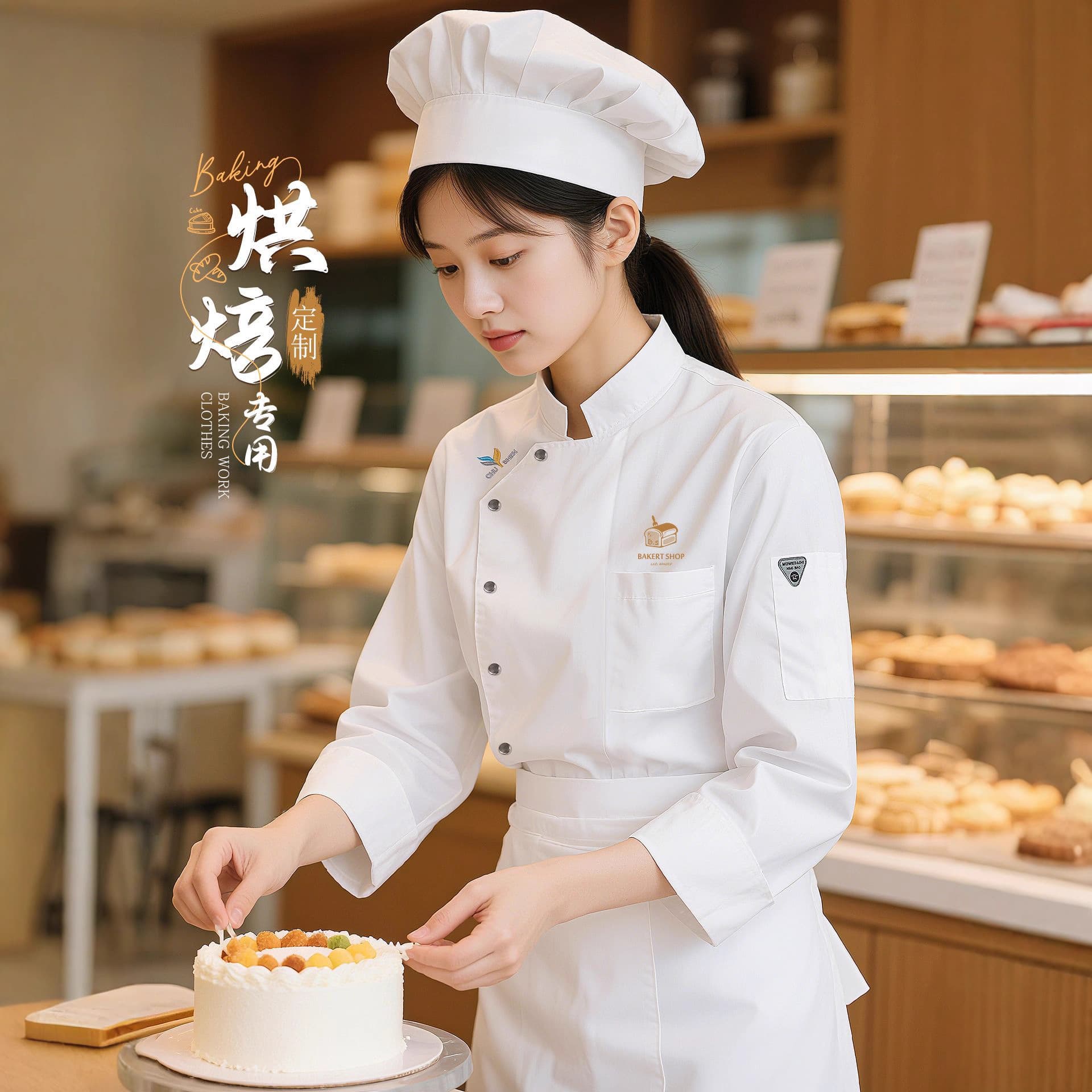 Baking Chef Work Clothes Custom-Made Bakery and Cake Shop Decorator Catering Clothing Kitchen Autumn and Winter Long-Sleeved Work Clothes for Women