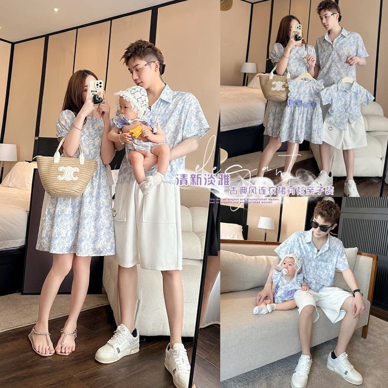 Douyin's same style Korean version 2026 new bow small floral parent-child dress blue and white porcelain Chinese style children's clothing trend