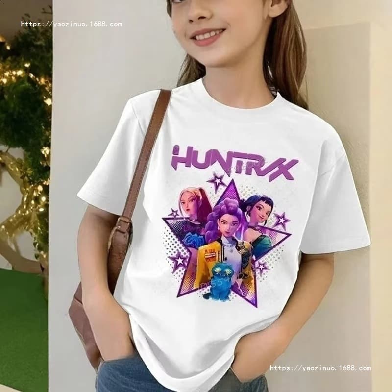 Cross-border Dropshipping Girl's Korean Street Demon Hunter Cartoon T-Shirt Fun Gift Harajuku Style Cool Kids Summer Clothing