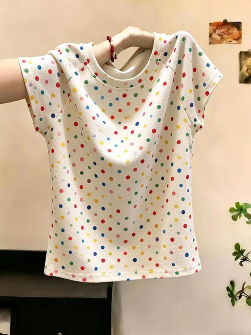 [210g 40-count cotton] Polka Dot Regular Shoulder Short Sleeve T-Shirt Women's 2026 Summer New Fitted Slim Flattering Versatile Cropped Top