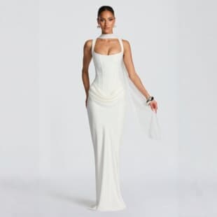 European and American Women's Casual Long Sleeve Slim Fit Fishbone Pure Desire Camisole Maxi Dress Slim Solid Color Bodycon Dress