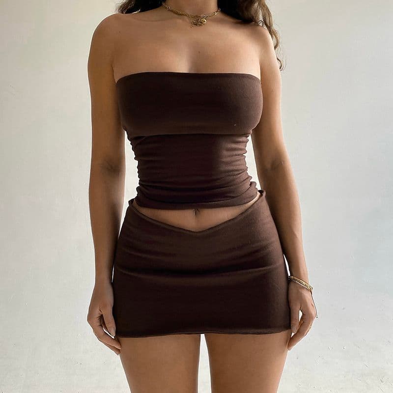One line strapless slim fit short skirt set 2025 new low waist pencil skirt