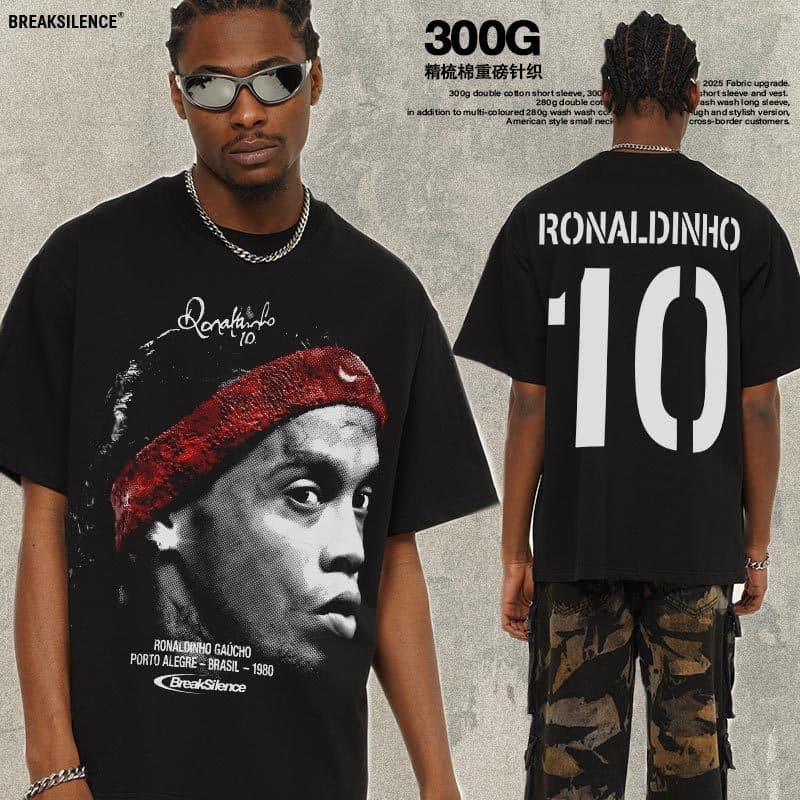 2025 Cross-Border Ronaldinho American Vintage Pure Cotton Breathable Short-Sleeved Men's Basic Versatile T-Shirt