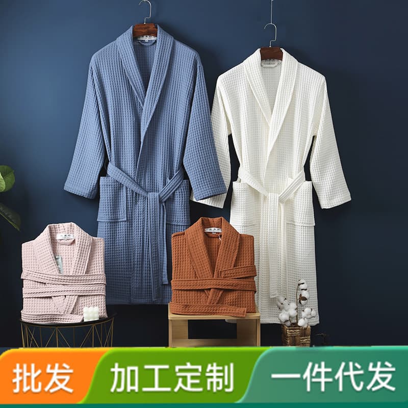 Cross-border new pure cotton bathrobe spring/autumn waffle weave long bathwear homestay hotel couples all-cotton sleepwear wholesale.