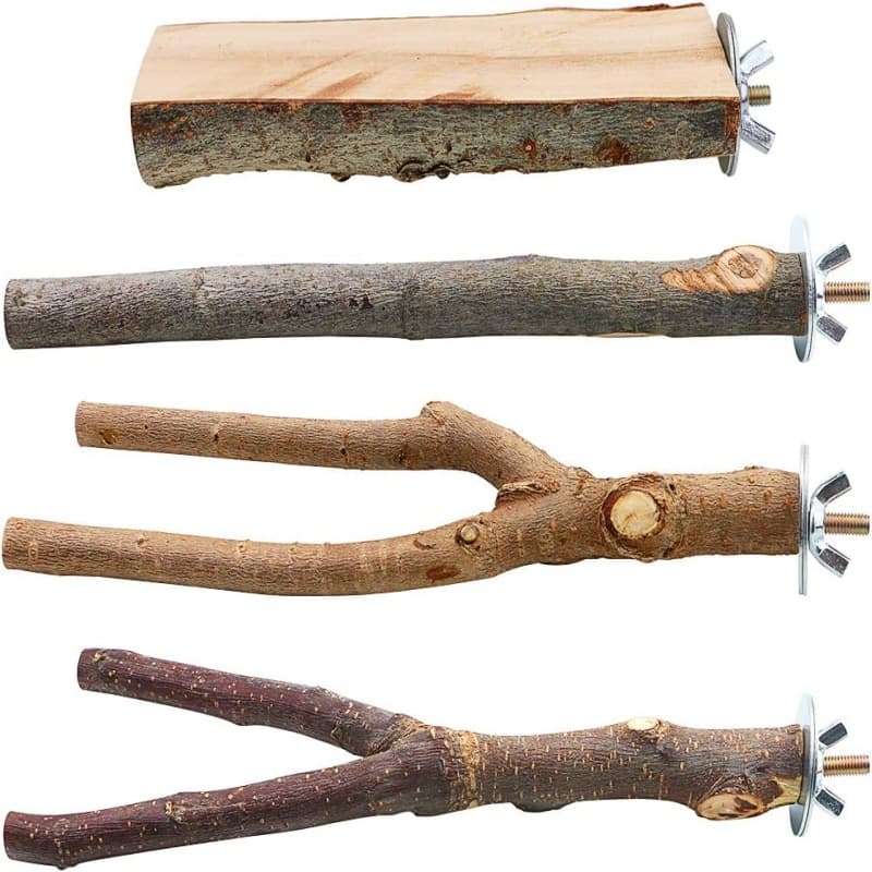 Parrot Chewing Toy Bird Toy Apple Wood Perch Jump Board Two-Branch Stand Bar 4-Piece Set Natural Wood