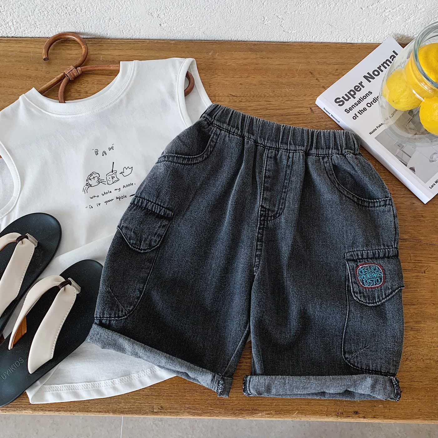 Korean Style Kids' Casual Cargo Denim Shorts for Boys, Loose Straight-Leg 5-Pocket Denim Shorts
