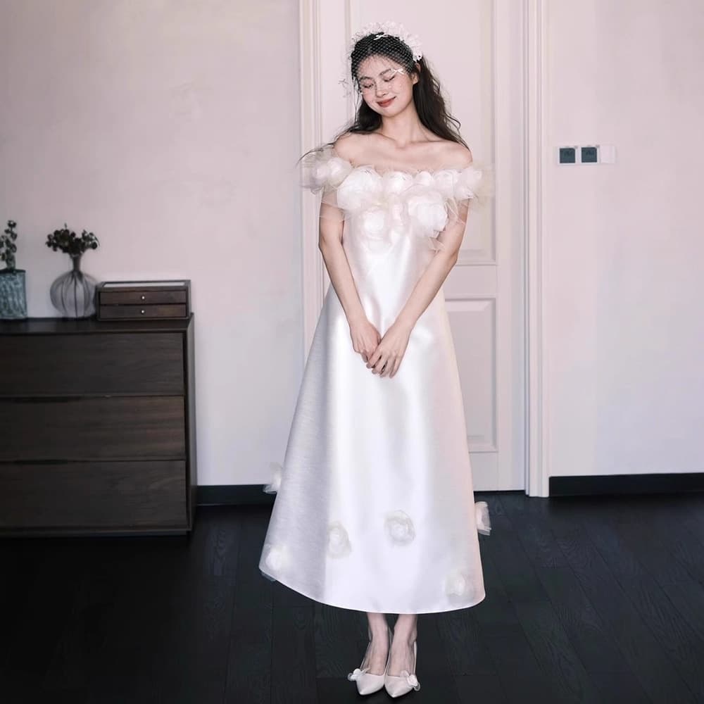 White Off-Shoulder Light Wedding Dress French Morning Robe High-End New Evening Gown Elegant Satin Dress
