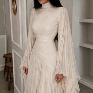 Cross-Border European and American 2026 Women's Spring/Autumn New Pleated High Neck Long Waist Dress Slimming Long Sleeve Flared Long Dress