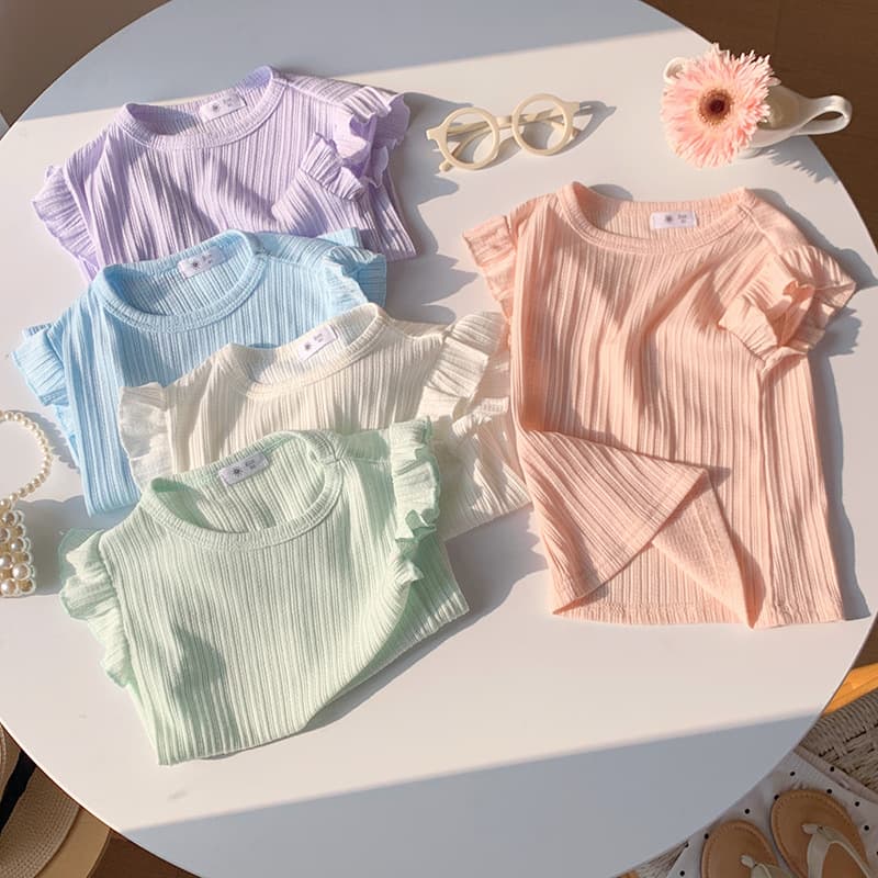 Girls' Summer New Embossed Flutter Sleeve T-Shirt Candy Color Round Neck Short Sleeve Top 2026 Korean-Style Chic Short Sleeve
