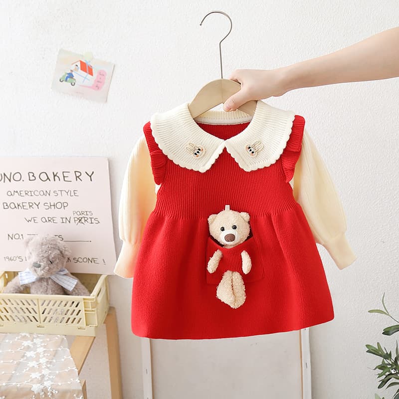 Barou Kids Children's Wear 2026 New Korean Style Kids Sweater Autumn/Winter Girls Turn-Down Collar Bear Cartoon Knit Dress