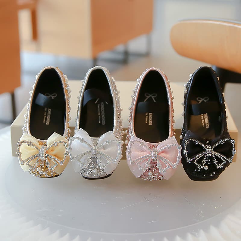 Girls' Princess Shoes 2024 Spring/Autumn New Children's Soft-Sole Square-Toe Pumps for Little Girls with Glitter and Beaded Crystals