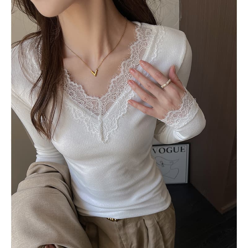 Factory Pure Desire Style Lace Trim Base Layer for Women, V-Neck Design Niche Inner or Outer Wear White Slimming Top