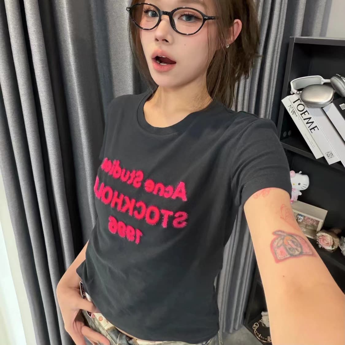 26 Early Spring AC* Spring Festival Limited Edition Plush Contrast Classic Letter Flocking Slim Fit Short Sleeve T-Shirt, Unisex