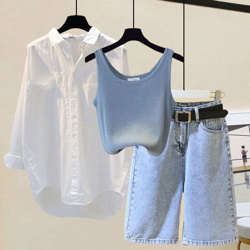 Plus Size Women's Summer Suit 2025 New Stylish Shirt Tummy Control Versatile Denim Shorts 3-Piece Set