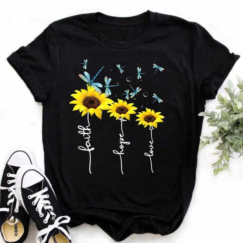 Foreign Trade Women's Top European and American Fashion Sunflower Butterfly Casual Black Harajuku Short Sleeve T-Shirt Women's Top T