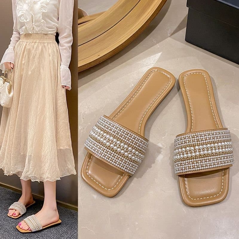 2025 Summer New Pearl Flat Large Size Sandals Women's Square Toe Casual Fashion Slides Rhinestone Apricot