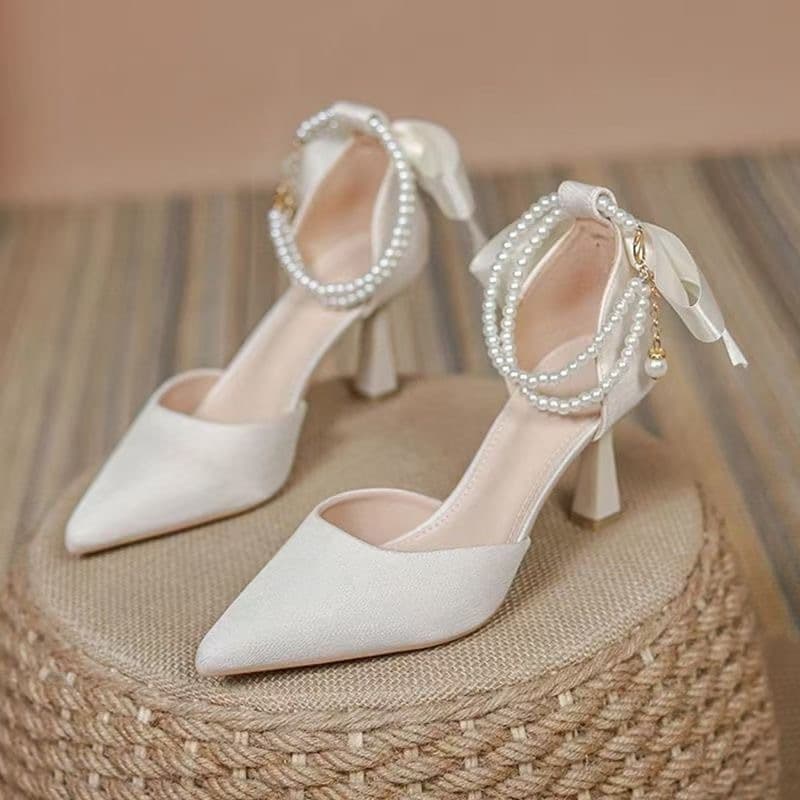 Slimming High Heels for Women with Dress, Spring Design, Niche Hollow Pearl Thin Heel Black Sexy Women's Shoes