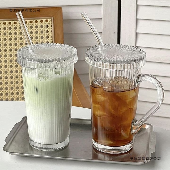 Vertical Striped Straw Cup with Lid, Stylish Glass Water Cup with Handle, Coffee Cup, Iced Latte Beverage Cup
