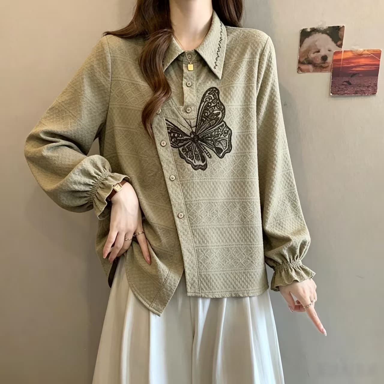 Real-shot Plus Size Women's Early Autumn New Design Butterfly Embroidery Irregular Regular Shoulder Long-sleeve Shirt