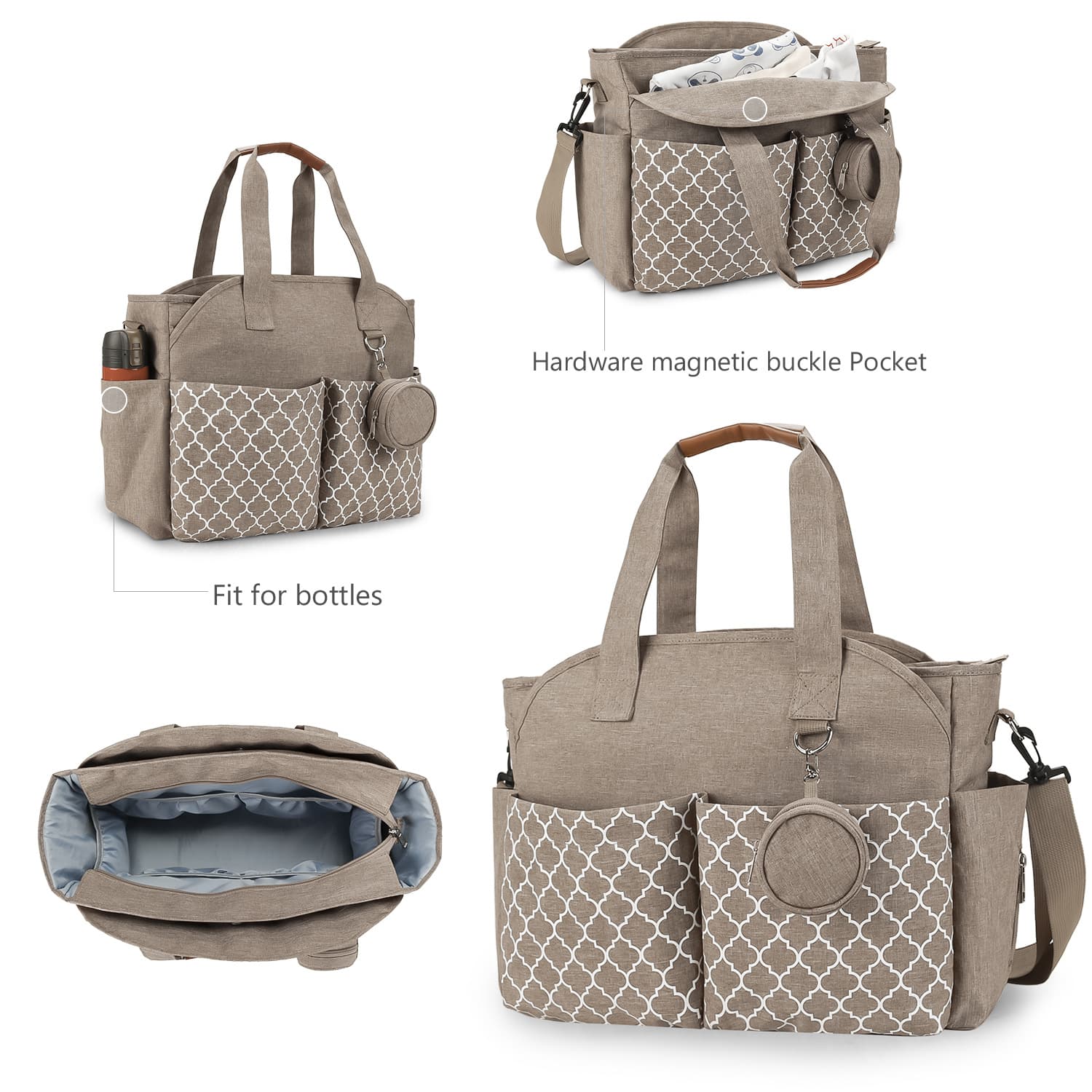New handbag/shoulder bag with geometric print and pacifier design, perfect for mothers and babies, ideal for outings and outdoor use.