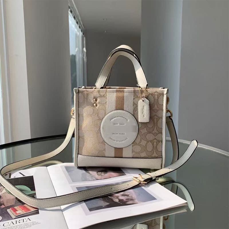 Coach 2025 New Dempsey Canvas Tote Bag Classic Print Handheld Crossbody Shoulder Shopping Bag