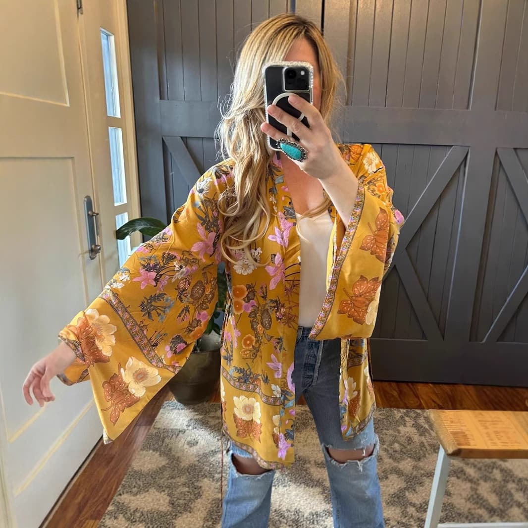 Western Lavender Bohemian Floral Kimono Sleeveless Cardigan Haori Top Jacket Swimwear Hippie Cover-Up