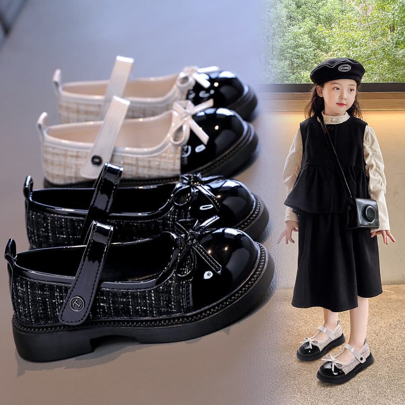 2025 Spring/Autumn Korean-style Medium to Large Girls' Leather Shoes, Little Luxury Style Soft-Soled Black Performance Princess Shoes