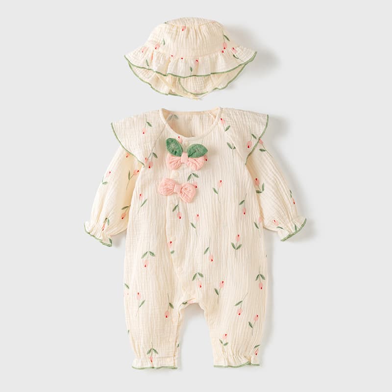 Baby Spring and Autumn Outwear Class A Pure Cotton Gauze Romper Long-Sleeve Crawling Suit for Newborn Girls