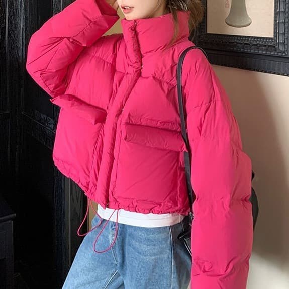 Rose Red Short Cotton Clothes Women's Winter 2026 New Style Fashionable and Age-Reducing Super Good-looking Dopamine Bread Clothes