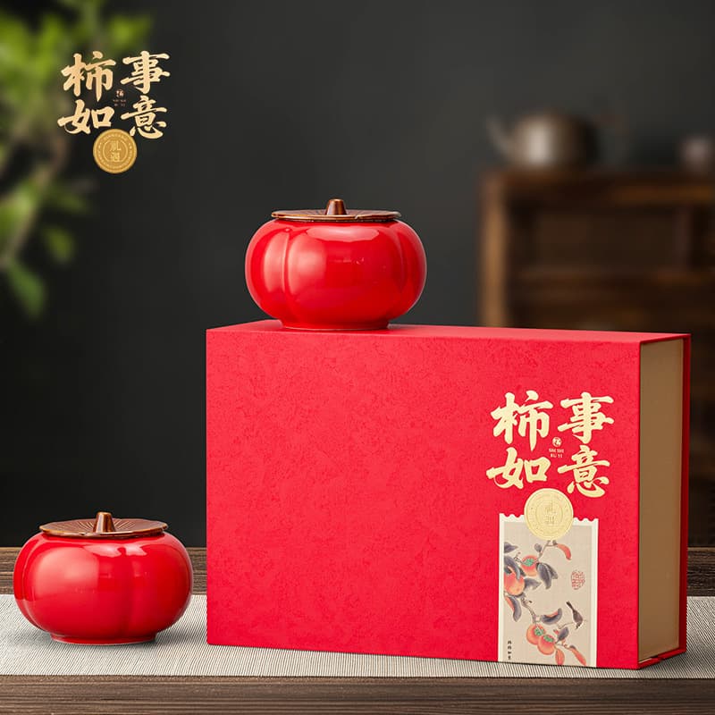 Moisturizing Can "Persimmon Brings Good Fortune" Retro Chinese Style Ceramic Tea and Tobacco Gift Box, Empty Storage Sealed Moisturizing Jar
