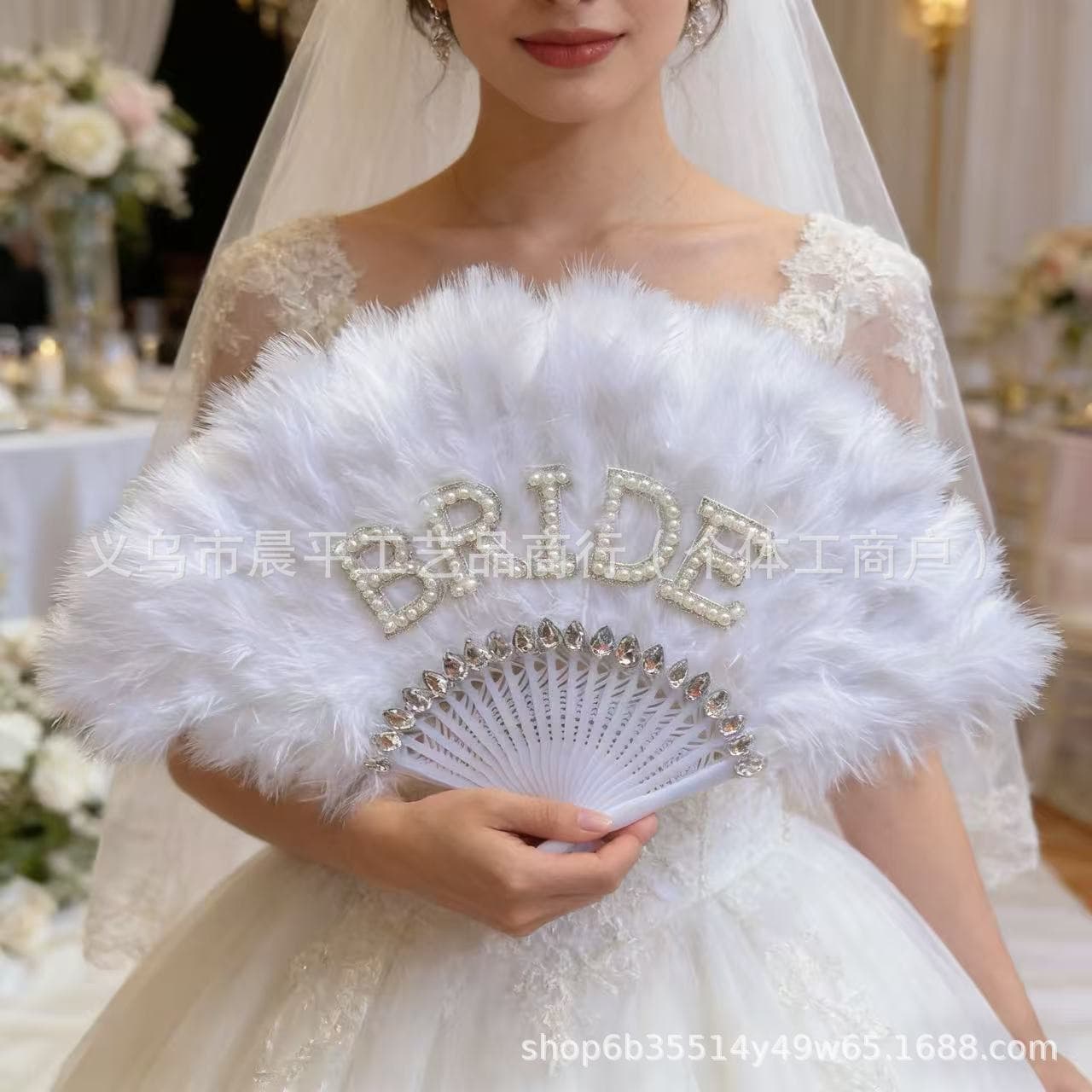 Cross-border Exclusive Bride Wedding Feather Fan Bride Pearl Letter Rhinestone Decoration Wedding Party Handheld Fan