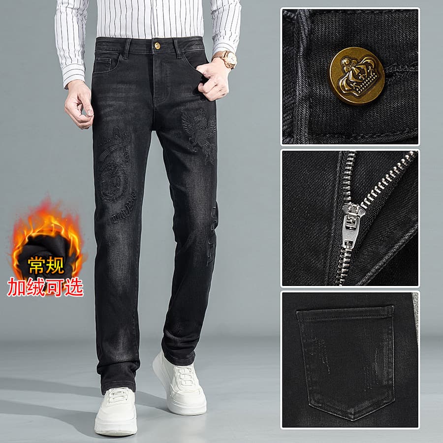 Embroidered men's jeans, trendy brand stretch slim-fit tapered leg pants, autumn/winter fleece-lined thickened fashionable versatile casual trousers.