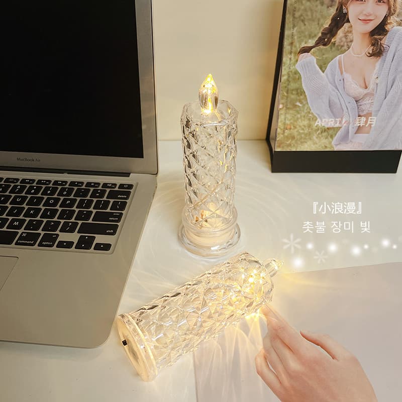 Creative Diamond Rose Lamp, Simulated Candle LED Light, Bedside Night Light for Bedroom, Rose Petal Ambient Light Decor
