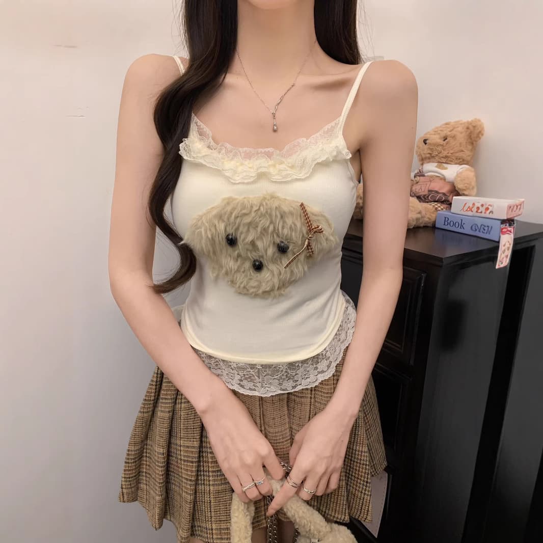790# Sweet Age-Reducing Camisole Vest, New Autumn/Winter Plush Puppy Lace Trim Short Crop Top