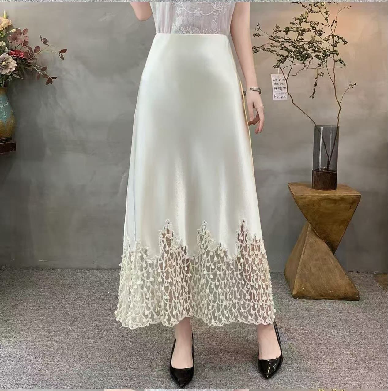 Fashion Satin Lace Skirt Summer New Style Elegant Versatile Heavy Embroidery Lace Mermaid Skirt