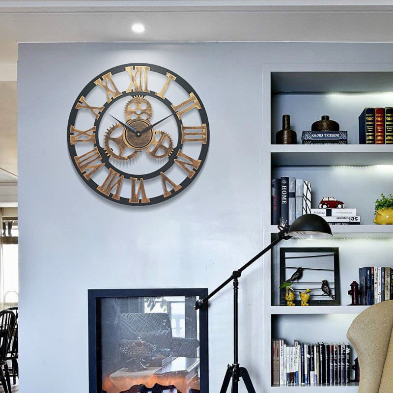 Vintage Gear Wooden Wall Clock Decorative Wall Clock Fashion Roman Industrial Style Living Room Clock Silent Creative Wall Clock