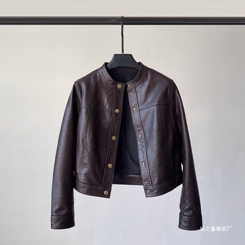 Haining short leather jacket 2025 autumn new loose casual fashion round neck leather jacket motorcycle jacket small man