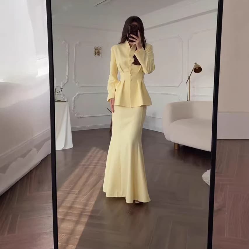 Long skirt, retro, elegant, feminine, solid color, long sleeves, European and American comfortable 2025 top, temperament spring suit for women