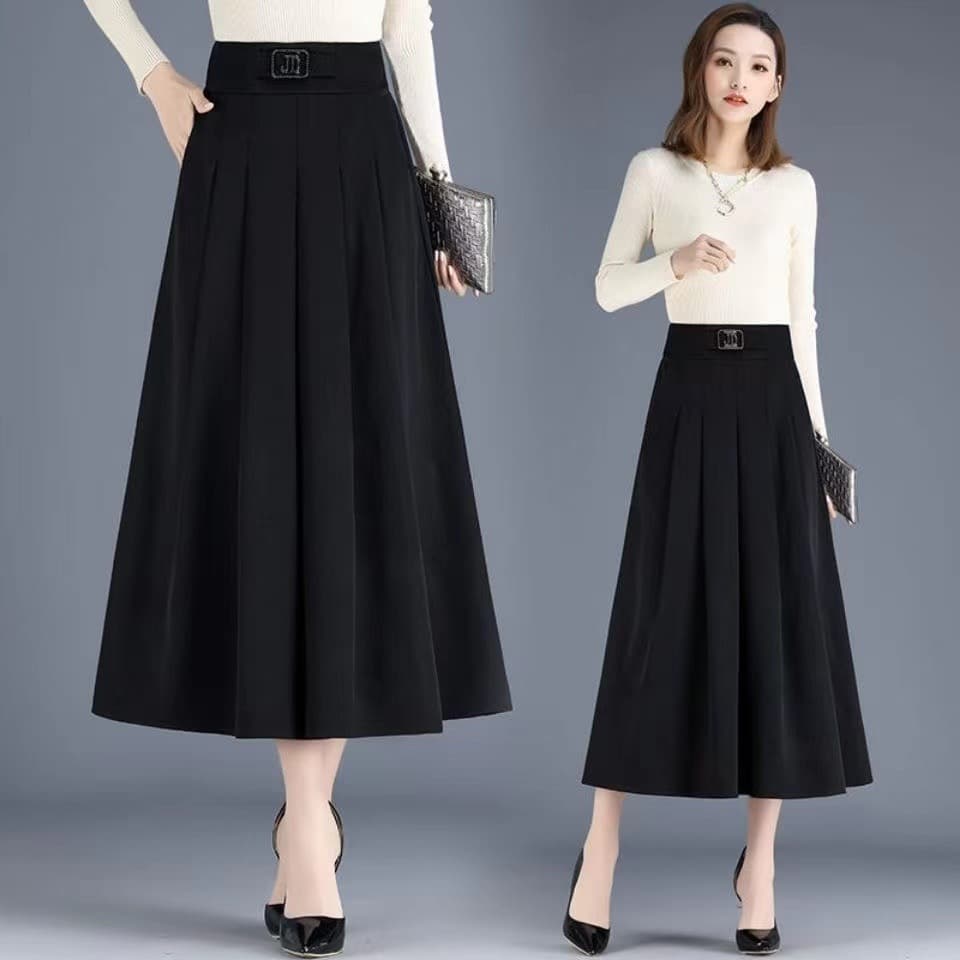 A-line skirt women's mid-length large skirt spring and autumn new high-waisted pleated skirt casual temperament skirt
